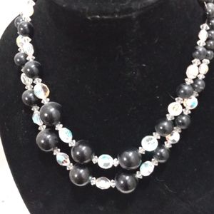 Vintage Black & Cyrstal Bead Neckless, Double Chunky Strands.
